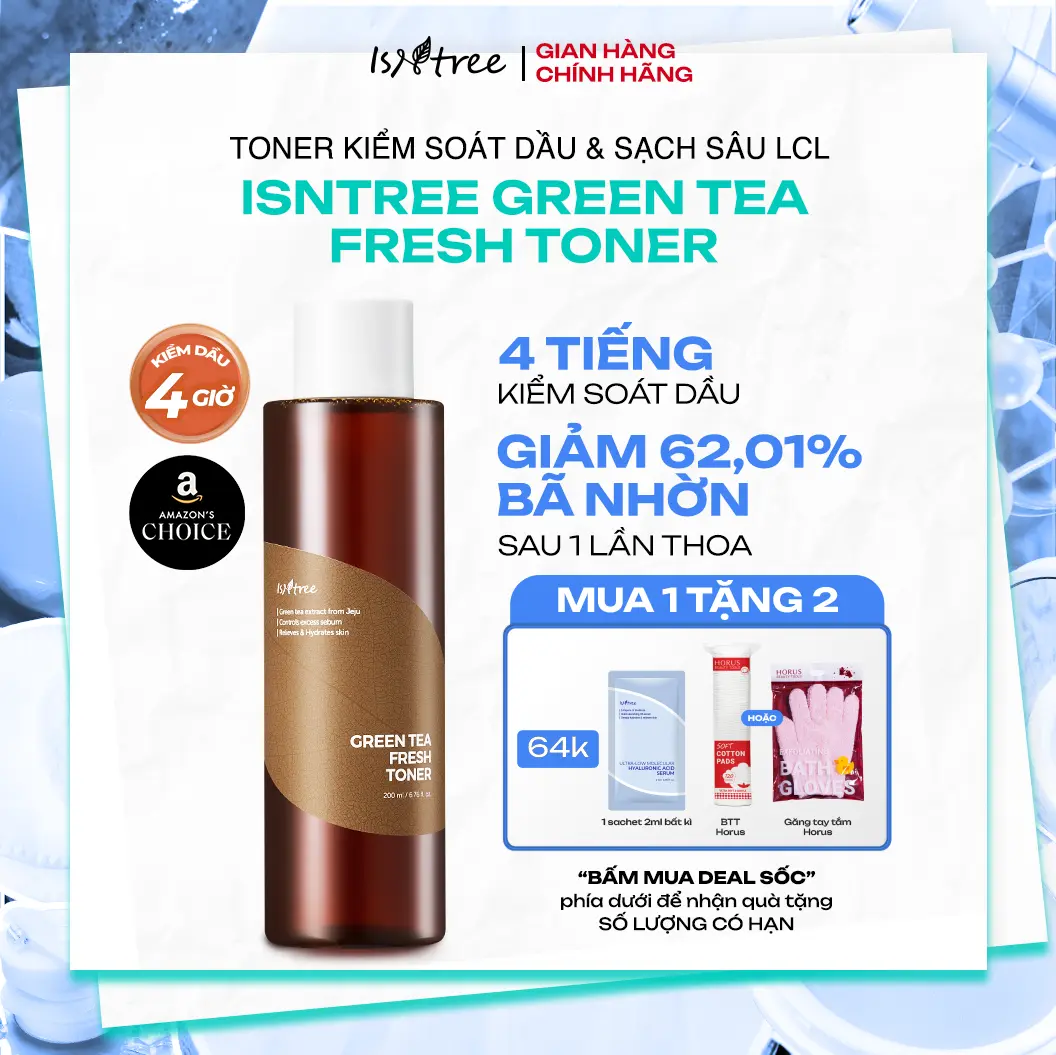 [Trinh Meow][Tặng 1 Túi Bông tẩy trang 120pads+1 sachet 2ml] Nước Hoa Hồng Trà Xanh Kiểm Soát Dầu Nhờn Và Làm Dịu Isntree Green Tea Fresh Toner 200ml