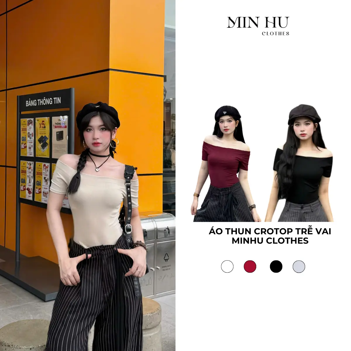 Áo trễ vai cộc tay nữ MINHU CLOTHES áo thun ôm nữ kiểu đẹp bẹt vai mùa hè chất cotton