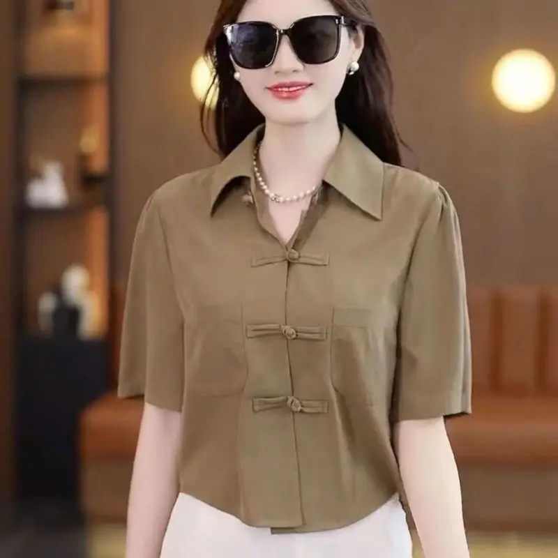Áo Sơ Mi Nút Thắt Nút Trung Quốc Phong Cách Trung Quốc Mới, Thích Hợp Cho Mẹ TRUNG NIÊN, Thời Trang Thường Ngày Mùa Hè, Dáng Rộng Rãi Và Thanh Lịch, Mỏng Vừa Vặn, Áo Sơ Mi Ngắn Và Nhỏ