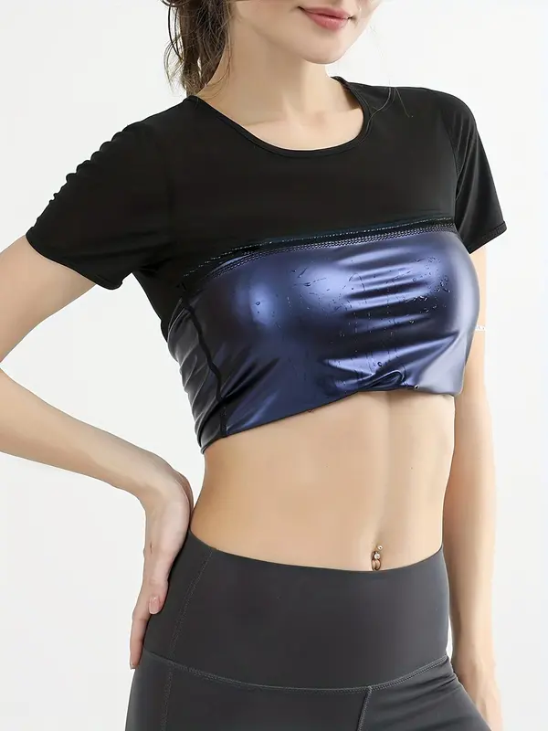 Women's Solid Round Neck Short Sleeve Sports Tee, Casual Style Crew Neck Sauna Top for Workout Gym Running Wear, Women Sport & Outdoor Clothing for Summer 0