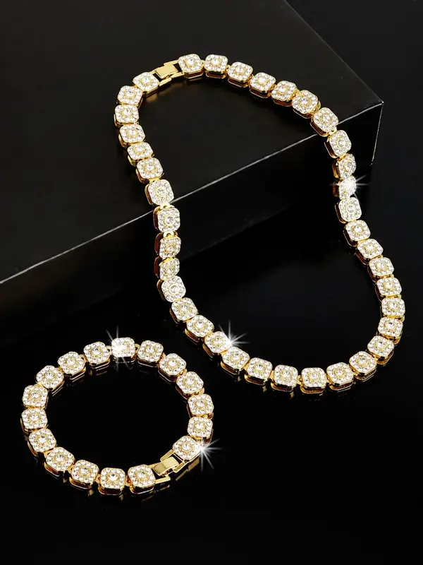 Men's Hip Hop Classic Small Square Rhinestone Jewelry Set, 1 Set/2pcs Sparkly Rhinestone Decorated Necklace & Bracelet Set, Streetwear Accessories, Fashion Matching Jewelry Gift for Men 5