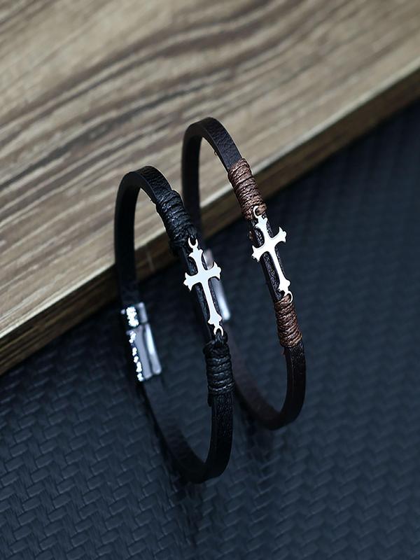 Men's Vintage Cross Charm Decor Bracelet, Fashionable Leather Bracelet for Party, Daily Clothing Decor, Trendy All-match & Exquisite Jewelry for Birthday Gift 4