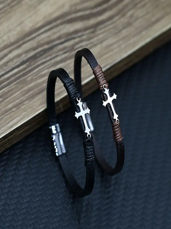 Men's Vintage Cross Charm Decor Bracelet, Fashionable Leather Bracelet for Party, Daily Clothing Decor, Trendy All-match & Exquisite Jewelry for Birthday Gift 4