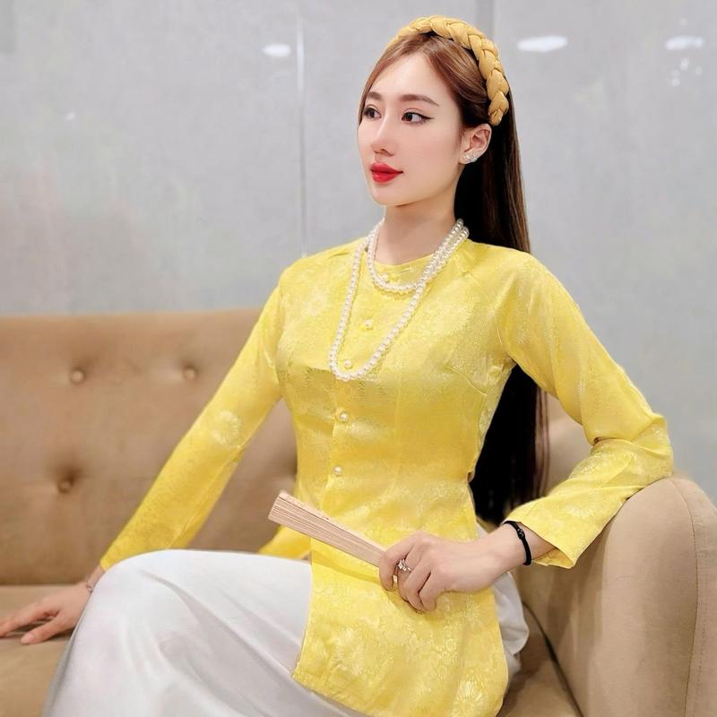 Xưởng May Hân Nguyễn - B.A115 - Bộ Bà Ba Gấm Hoa Cúc Cài Nút Tay Dài ( QUẦN TRẮNG ) Nữ Áo Women Top chỉ giặt tay nút trang phục truyền thống áo  bà thun lưới