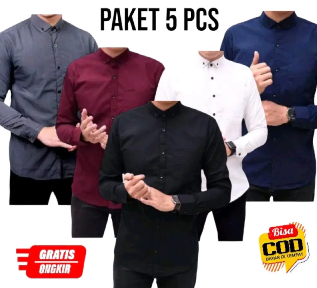 PROMO COD paket 5 pcs kemeja polos pria lengan panjang terbaru termurah Formal Baju Nyaman Tebal Pendek Soft Navy Maroon Putih Slimfit