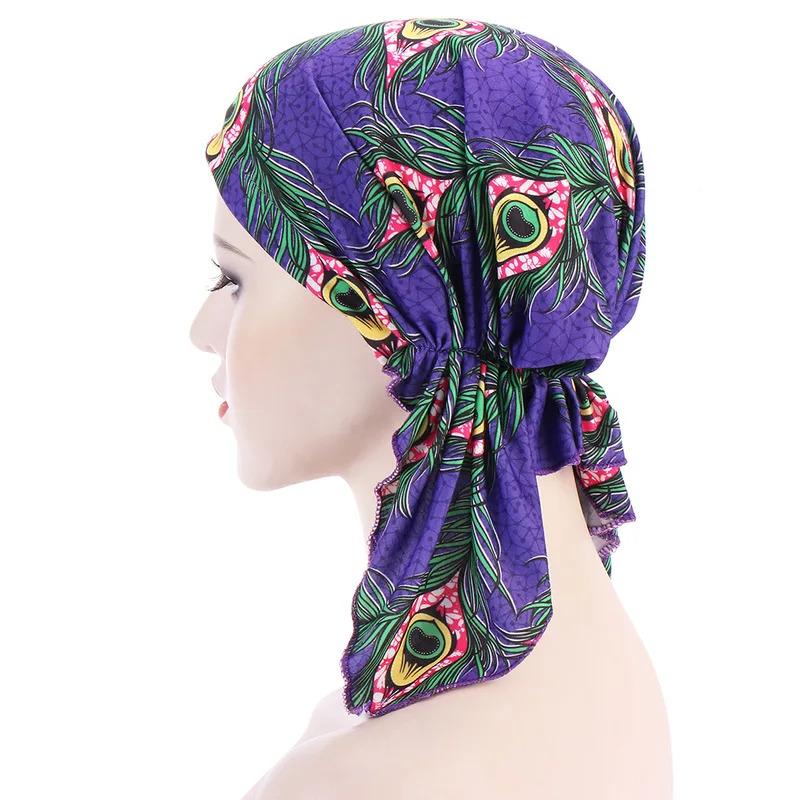 Trendy Print Muslim Fashion Hijab Turban Bonnet Long Tail Head Wraps Soft Elastic Hijab Hats Chemo Cap For Women Girls 3