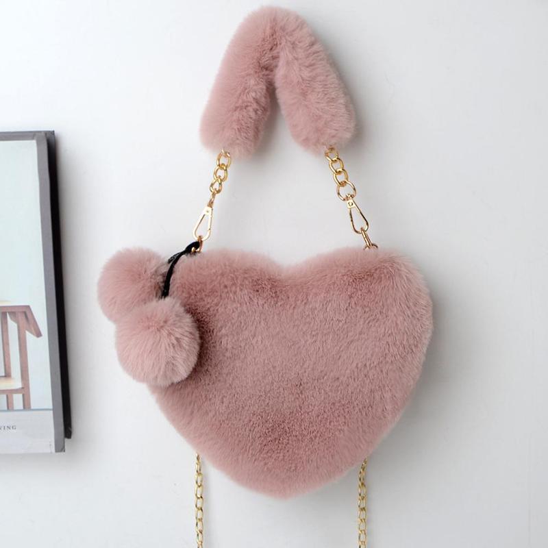 Product Introduction of Women Messenger Bag Cute Heart Shaped Shoulder Bag Fluffy Chain Soft Fashion Crossbody Handbag 36