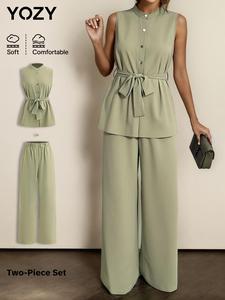 YOZY Women's Solid Button Front Belted Tank Top & Wide Leg Pants Two-piece Set, Casual Sleeveless Top & High Waist Pocket Trousers for Daily Wear, Ladies Two-piece Outfits for All Seasons