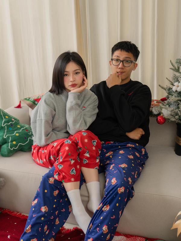 Flannel.baa - Quần dài NHUNG IN HÌNH GIÁNG SINH màu XANH dáng xuông, ống rộng nơ thắt xinh xắn 5