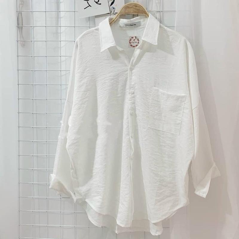 Áo sơ mi trắng trơn vải đũi tơ mềm oversize kiểu có túi Áo sơ mi nữ dài tay cổ bẻ chất mịn mềm thiết kế đuôi tôm cá tính phong cách Hàn Quốc Top Voi Women Voan Tim