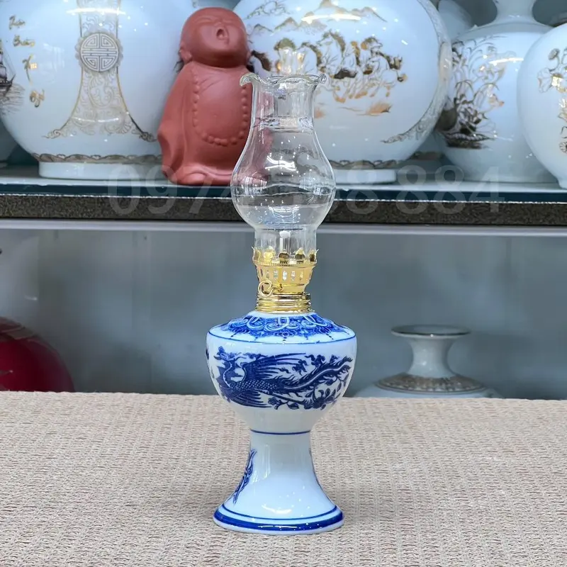 Đèn Dầu Ban Thờ, Ban Thần Tài Gốm Sứ Bát Tràng Men Lam (có bóng) 4
