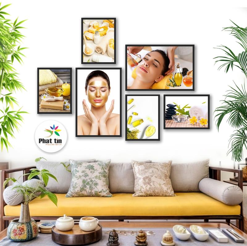 Bộ 6 tranh dán tường trang trí tiệm spa phun xăm salon nails tóc trang điểm chất liệu nhựa fomex dày 5mm keo dán 3M xưởng in tranh decor Phát Tín