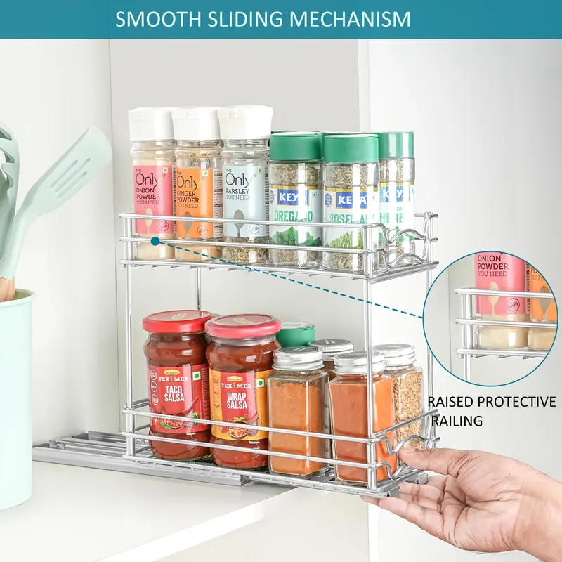 2-tier Pull-out Spice Rack, 1 Count Durable Iron Under Cabinet Storage Rack, Space-saving Kitchen Organization Rack for Home Dormitory Dining Room 3