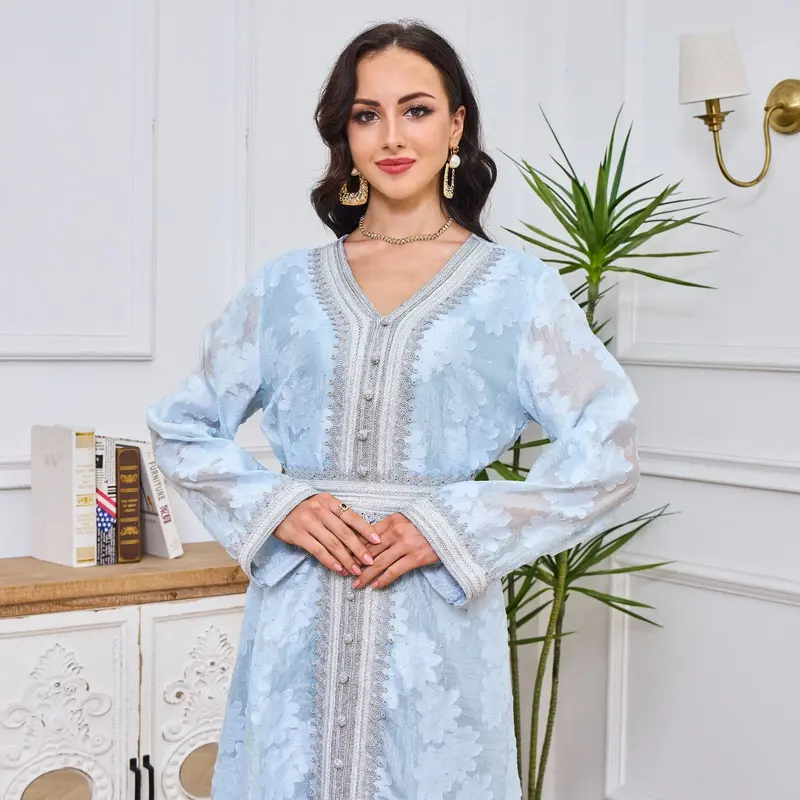 2025V Collar Temperament Dress Middle East Jacquard Rhinestone Silver Lace Robe Abaya 2