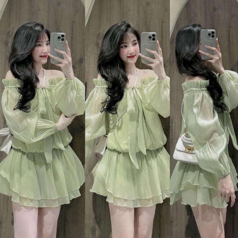 Set đồ nữ voan áo tay phồng trễ vai phối nơ dáng xòe mix quần dùi ngắn siêu xinh xắn dành cho các nàng đi chơi,đi tiệc.  Women Top