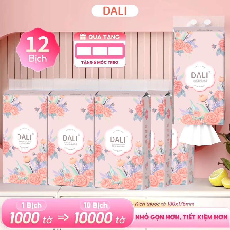 Giấy ăn DALI gấu trúc hoa hồng thùng 12 bịch giấy rút treo tường giấy vệ sinh Perfect Softness (TẶNG 6 móc treo)