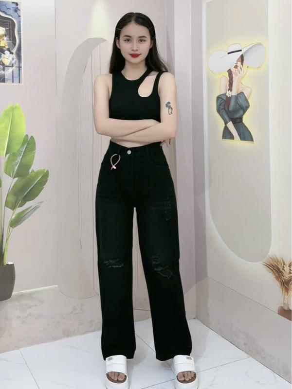 Quần jeans Đen nữ ống xuông cắt rách  102 cm Women - Chất liệu denim thoải mái và bền bỉ - Nữ