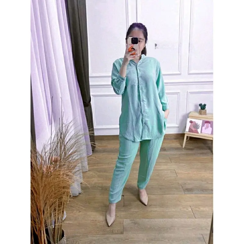Hana Set Crincle Airflow Premium Wanita Celana Crinkle  Setelan Baju Kancing Panjang Kulot Dewasa 5