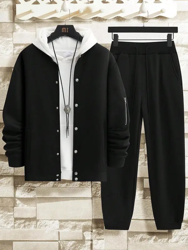Men's Solid Pocket Button Front Jacket & Drawstring Waist Pants Two-Piece Set, Regular Fit Casual Fashion Cozy Two Piece Outfits for Daily Outdoor Wear, Men Clothes for Fall & Winter 2