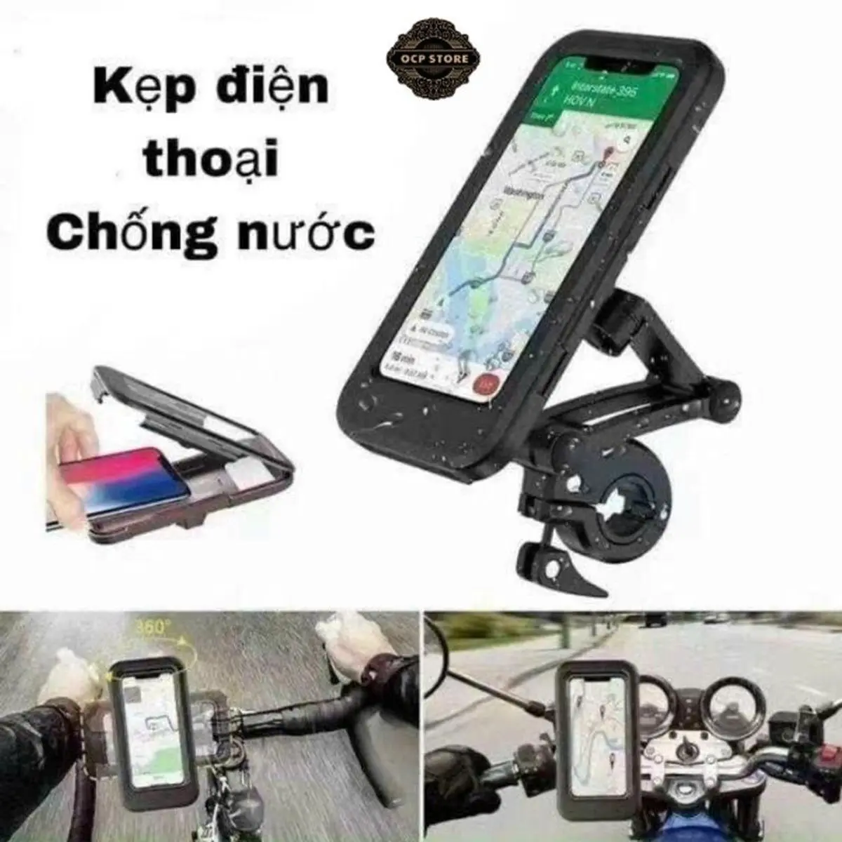 Giá Đỡ điện thȯại chống nước gắn Xe Máy, Xe Đạp xoay 360 Chống Cướp Cực Chắc Chắn