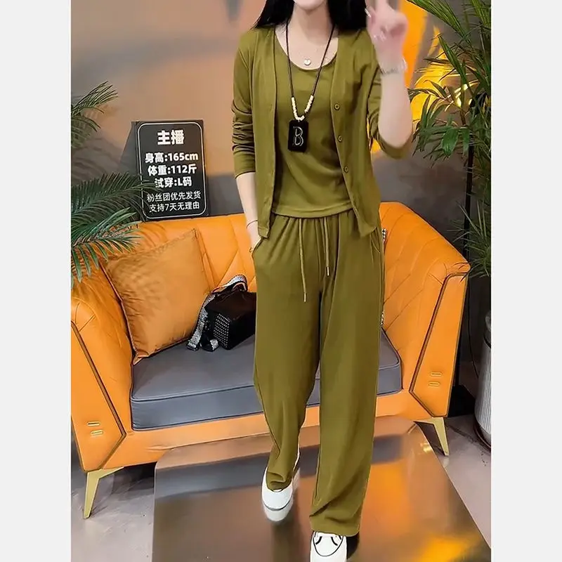 2023 Autumn New Korean Style Western Style Youthful-Looking Vest Cardigan Wide Leg Pants Women Loose Leisure Sports Three-Piece Suit Womenswear Overalls Lingerie Comfort