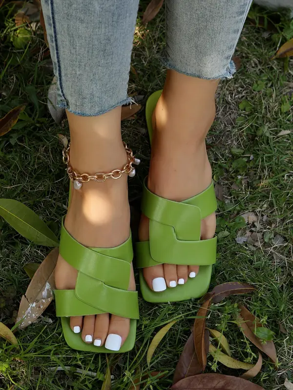Women's Fashionable Solid Color Flat Sandals, New Trend Braided Design Slide Sandals, Square Toe Slippers, Casual Comfortable Shoes for Summer 6