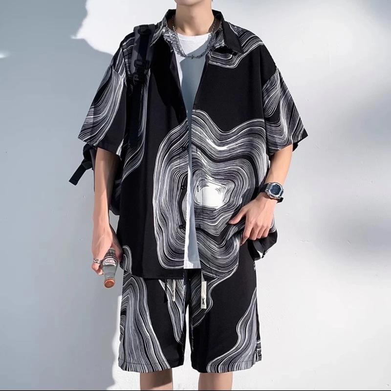 Bộ quần áo sơ mi nam JULIDO chất vải lụa mịn mát cổ sơ mi thoáng mát tay ngắn ngân hà mùa hè Màu đen Màu trắng Menswear