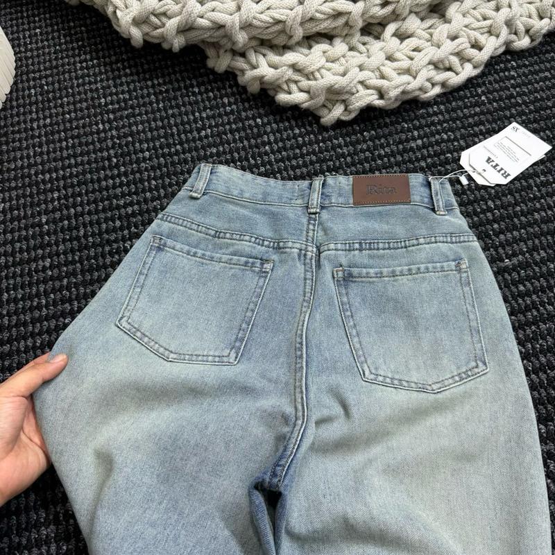 (RITA JEAN)A40 Quần Bò Nữ Màu Xanh Trung Trắng Bụi Lạ Lưng Cao Vải QC Mềm Mịn Không Giãn Lai Cuốn RiTa 5