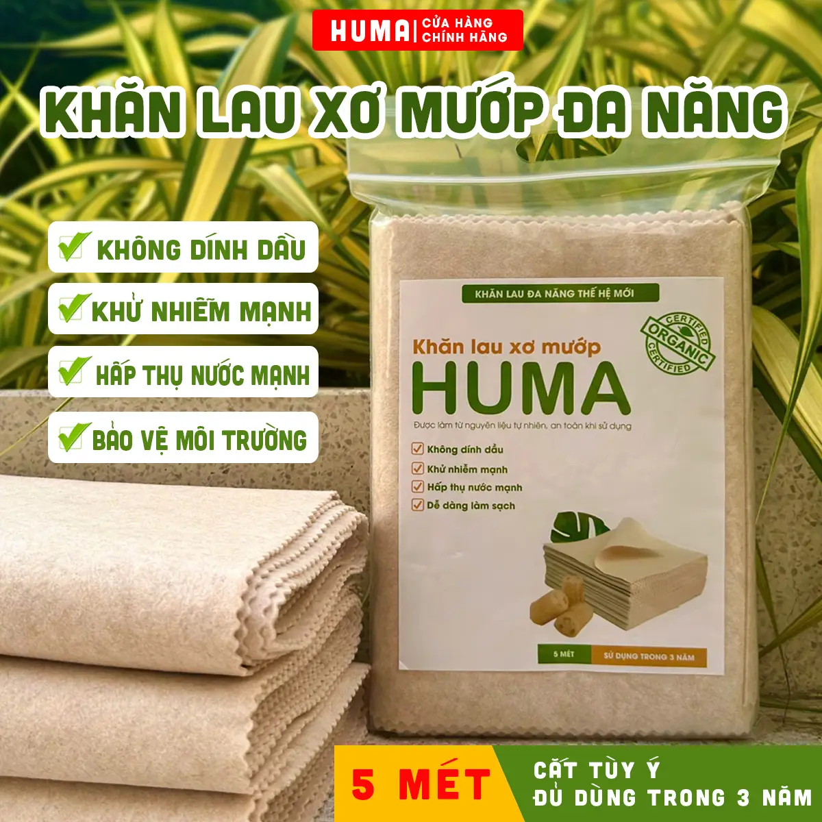 [ CHÍNH HÃNG] - 5 Mét Khăn Lau Xơ Mướp Đa Năng HUMA (Cắt tùy ý). Siêu thấm hút, tách dầu, làm sạch nhà bếp, bàn, gương kính, trên mọi bề mặt. Cắt được 40c khăn