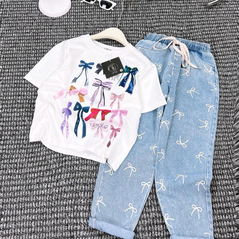 set jean dài nơ trắng đen dành cho bé gái 1