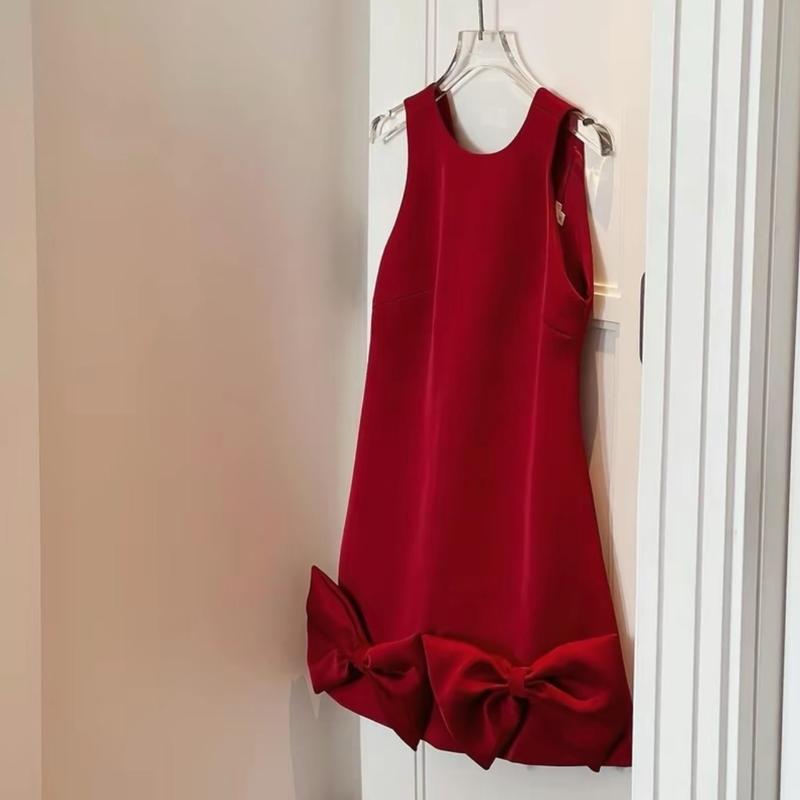 Đầm baby doll nơ đỏ bé gái dáng xoè A cho size bé gái và người lớn từ 12-56kg