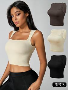 Women's 3pcs Solid Seamless Swan Neck Ribbed Crop Sports Running Vest, High Stretch Sleeveless Crop Top for Yoga Gym Workout, Ladies Sportswear Clothing for Indoor Outdoor Wear