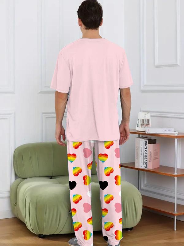 LGBTQ+ Men's 2pcs Heart Print Tee & Letter Print PJ Pants Loungewear Set, Summer Clothes, Round Neck Short Sleeve T-Shirt & Trousers PJ Set, Menswear, Men's Sleepwear Homewear For Summer 4