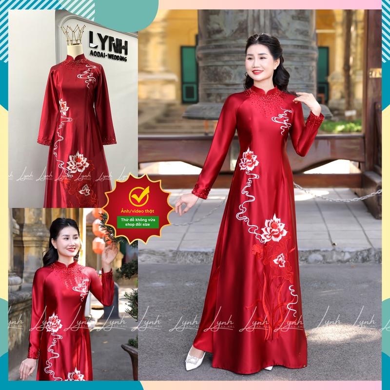 Áo Dài MẸ SUI ĐẸP- THÊU SEN ÉP ĐÁ THỦ CÔNG ĐỎ ĐÔ- Áo Dài LYNH Nữ Váy Voan Hoa Sen