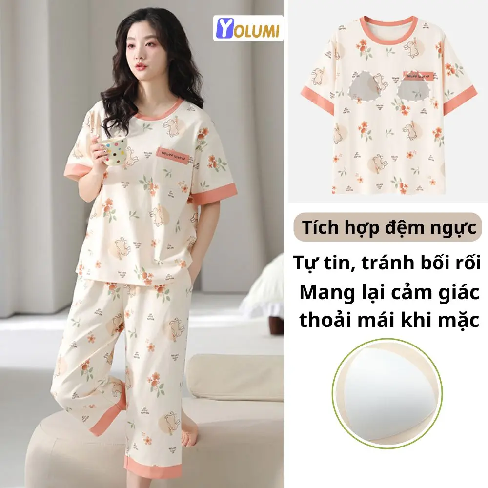 Bộ Mặc Nhà Có Đệm Ngực Quần Lửng Áo Cộc Cotton Mềm Mại Thanh Lịch Trẻ Trung YOLUMI