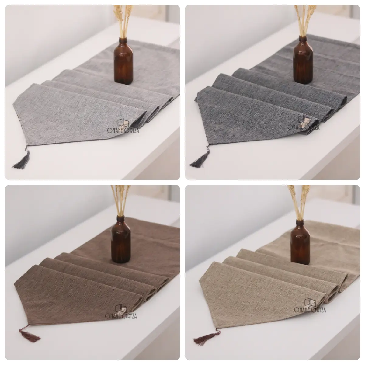 Table Runner Polos Modern Taplak Meja Ruang Tamu Minimalis Taplak Meja Premium Taplak Panjang Rumbai Tassel Motif Warna Abu Grey Coklat Cokelat Brown OMAHE ORYZA