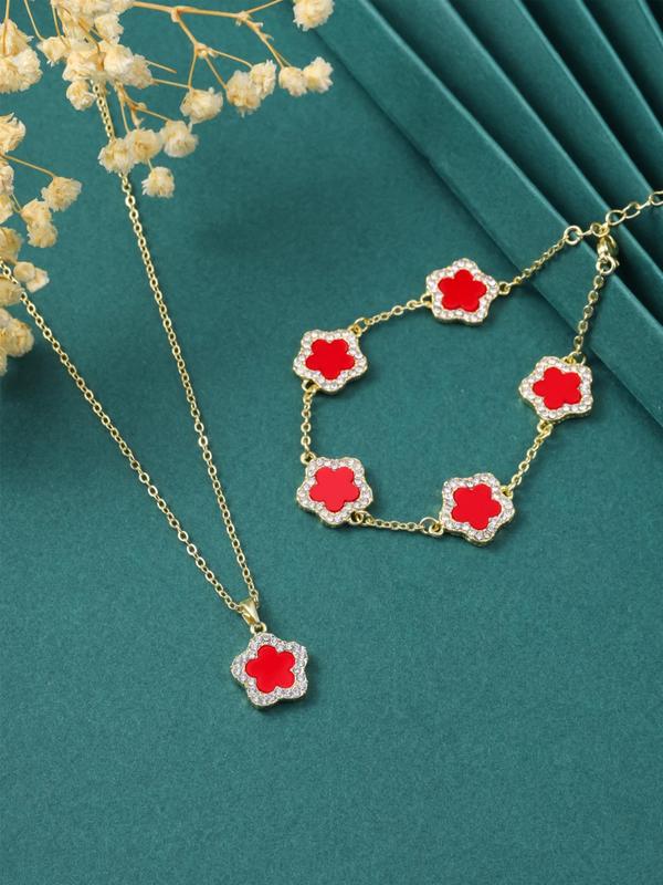 Spring Romantic Flower Charm Bracelet & Pendant Necklace, Real Jewelry Sets, Saint Patrick's Rhinestone Decor Women's Summer Accessories for Daily Wear, Todays Flash Sale Bundles Valentine's Day Gift, Vintage Jewelry  Jewelry Set for Women 2