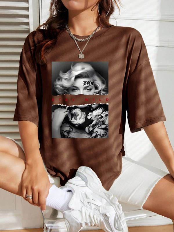 Women's Graphic Print Drop Shoulder Half Sleeve Tee, Fashion Casual Crew Neck T-shirt for Daily Holiday Vacation Outdoor Wear, Ladies Clothes for All Seasons 8