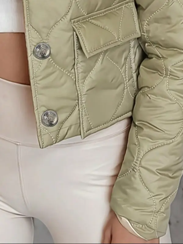 Women's Solid Button Front Pocket  Crop Quilted Jacket, Casual Long Sleeve Collared Outerwear for Fall & Winter, Ladies Clothes for Daily Wear 4