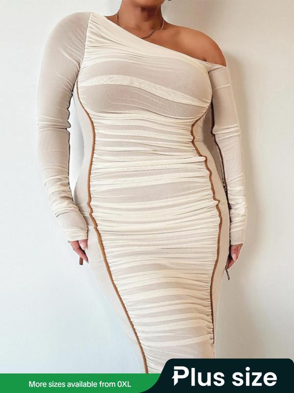 【Plus Size】 Colorblock Ruched Asymmetrical Neck Bodycon Dress, Elegant ...
