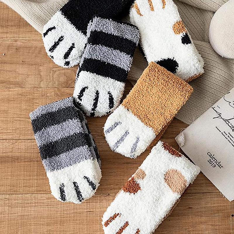 Product Introduction of Winter New Striped Cartoon Cat Claws Warm Thickened Sleeping Socks For Women 22