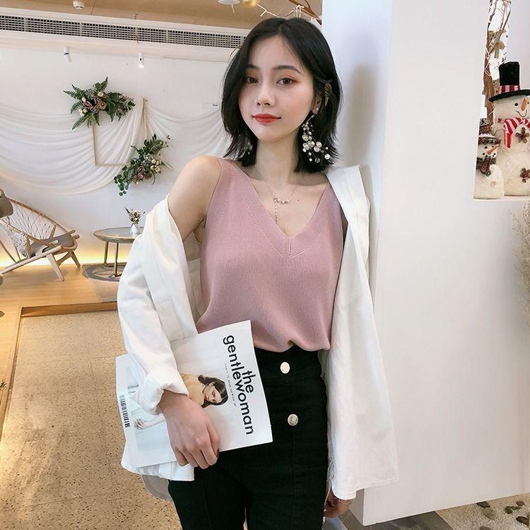 Fashion Ice Silk Camisole Women's Outer Wear Summer Sleeveless Knitwear Korean Style Loose V-neck Short Bottoming Shirt Top Fashion Womenswear Lingerie 7