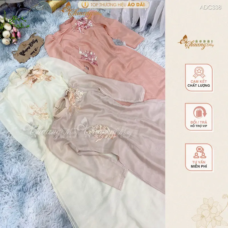 Áo Dài Cách Tân Nữ Thiết Kế Tay Bồng Lụa Tơ Hồng Da Nude Be 4 Tà Ren Hoa Cao Cấp Dự Tiệc Lễ Tết Đẹp Kem Women Dress Nhung ADC338 5