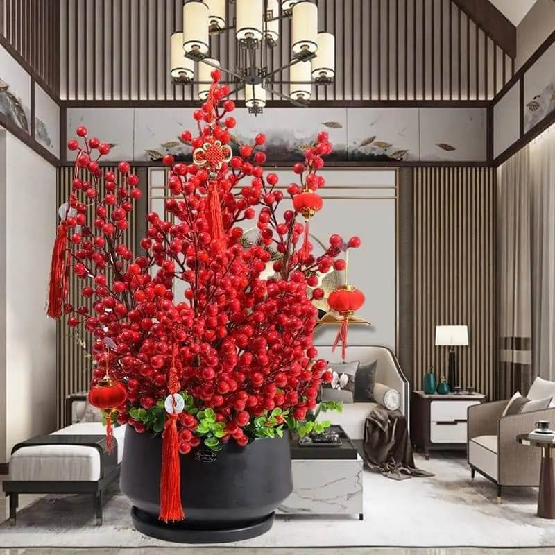 [Tặng bình] Cành đào đông đỏ 12 nhánh 90cm Decor phòng, Trang trí  + bình nhựa giả gốm kích thước 23 x 10cm - Trang Trí Nhà, Phòng Khách Len 0