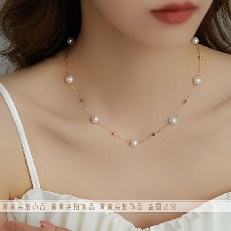 Product Introduction of 2024 [Titanium Steel Does Not Fade] Strong Light Feeling Starry Sky Shell Pearls Transfer round Beads Doudou Interval Besties Necklace Gift 2