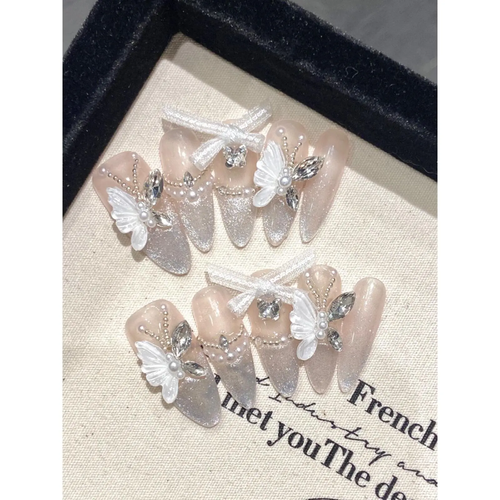 Rhinestone Butterfly Hand-Worn Armor Original French Style White Butterfly Cat Eye White Finished Nail Beauty Long UV Nail