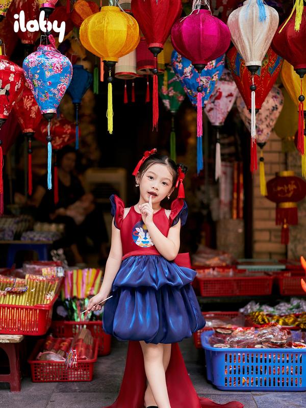 Váy trung thu cho bé gái ILABY Nguyệt Nhi chất tafta phối tơ váy đính nơ lớn dễ thương [2743]