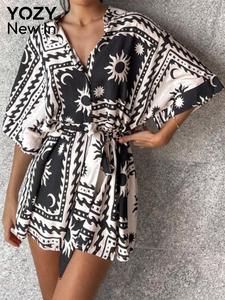 YOZY Women's Geometric Print Belted Romper, Boho Casual Romper for Summer, Women's Clothes for Beach Holiday Vacation, Womenswear