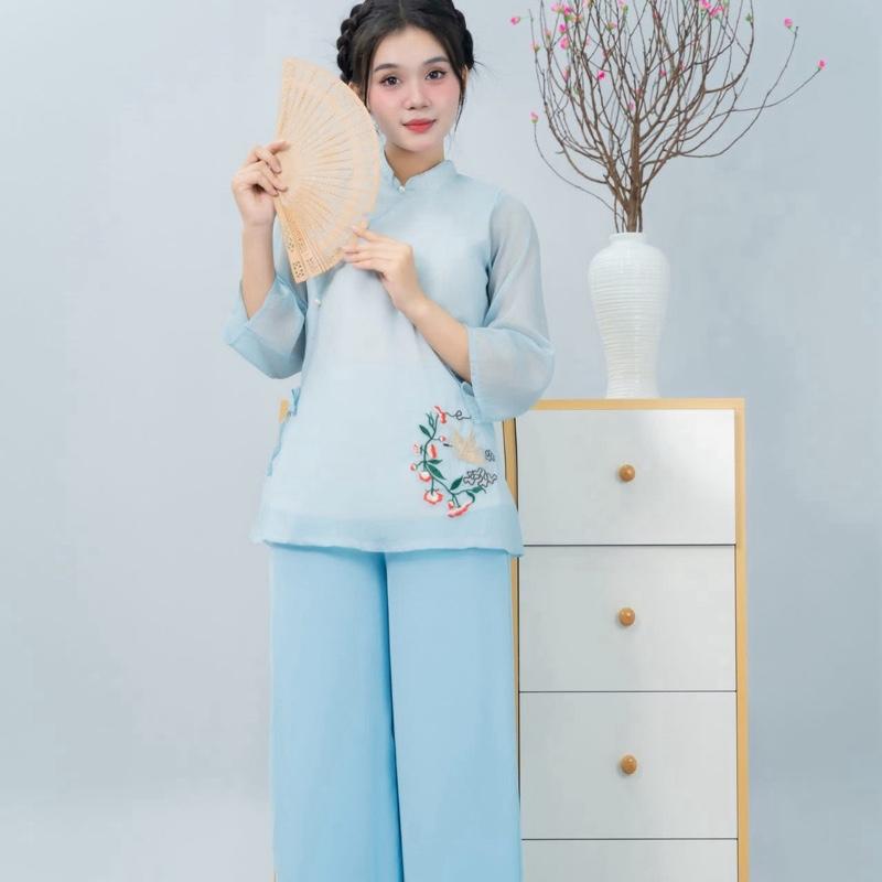 Bộ lam tơ dây eo thêu hạc ánh kim quần suông Nữ 6