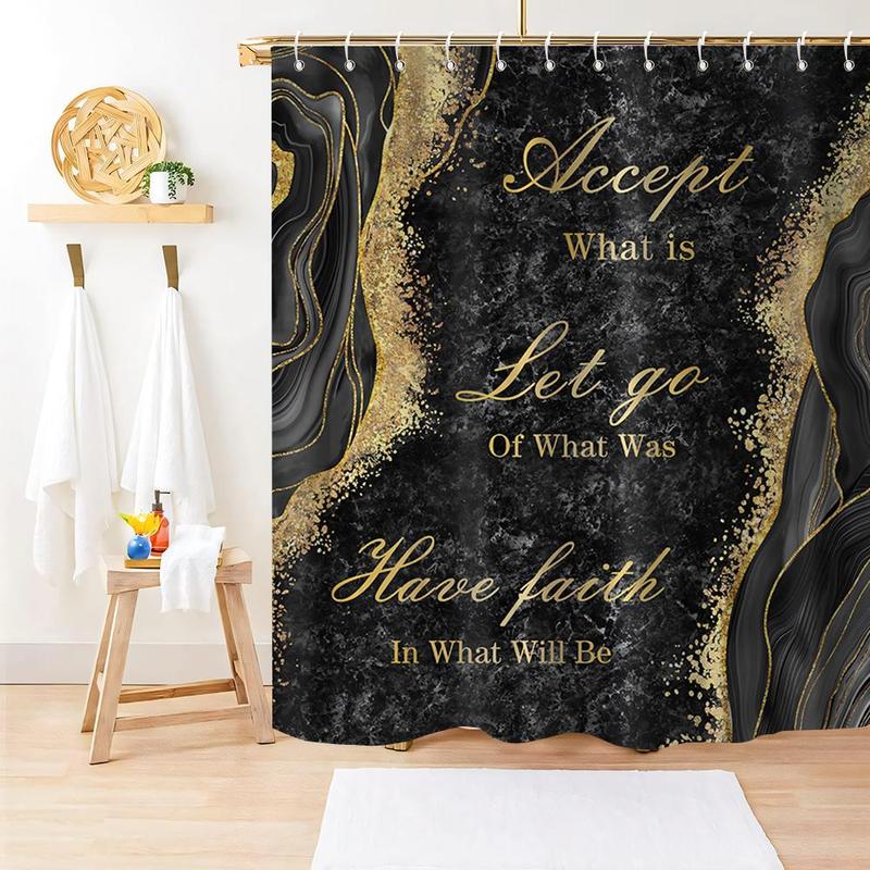 Marble Pattern Bathroom Accessories, 1 Set Including Shower Curtain with 12 Hooks, Non Slip Bath Mat, U Shaped Rug, Toilet Lid Cover, Bathroom Decor Supplies 8